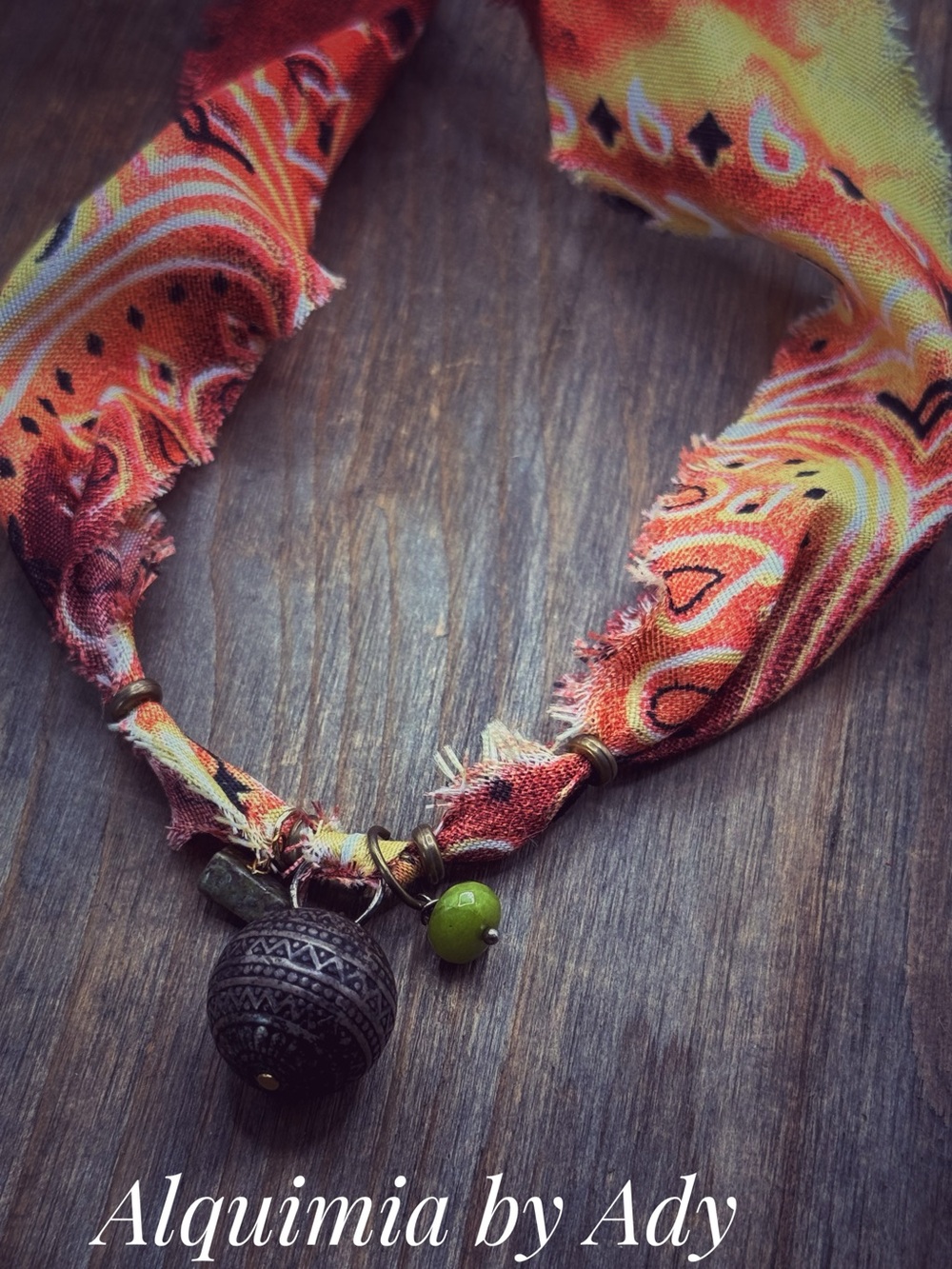 Fall + burnt Orange, Yellow & Green Boho Fabric Pendant Necklace